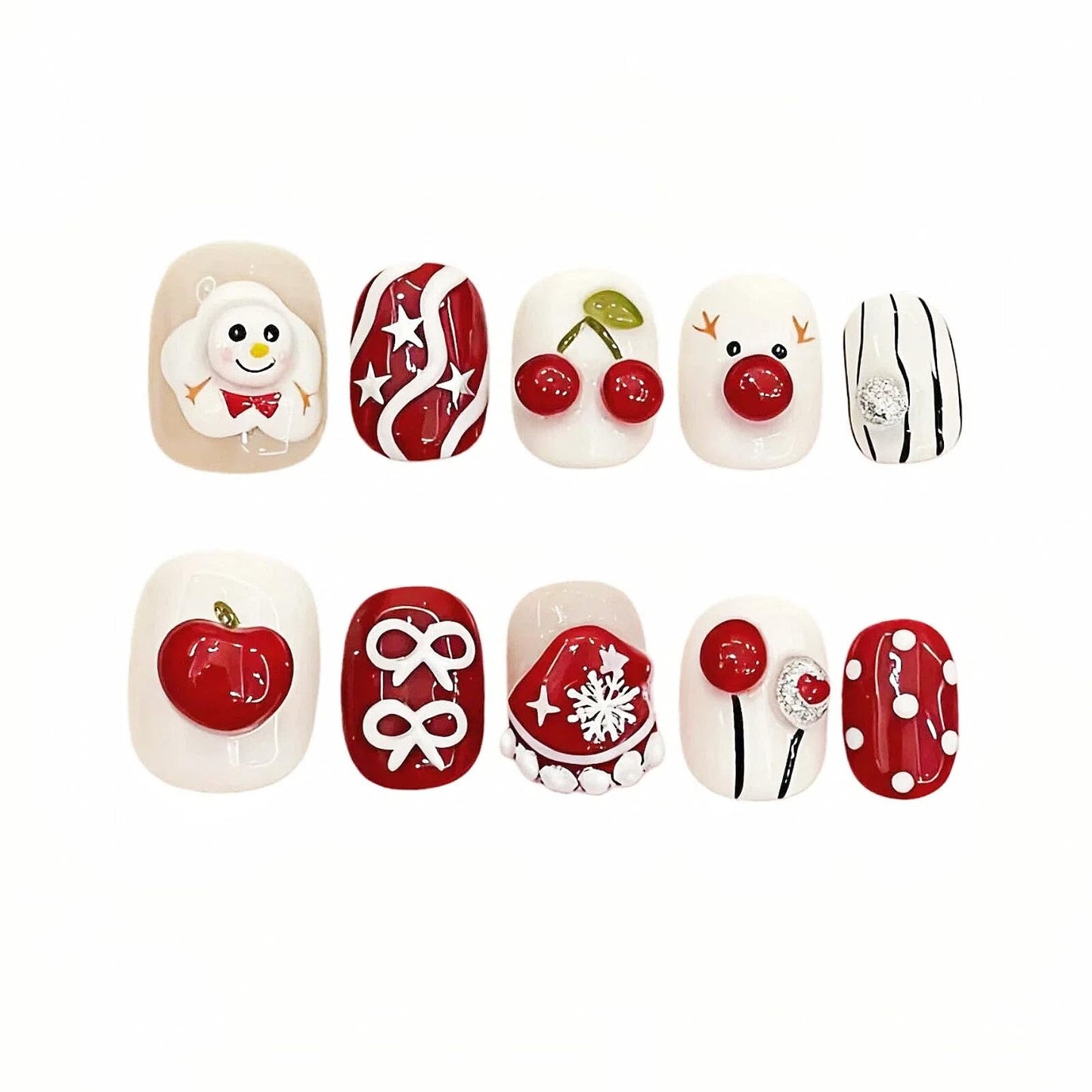 Tesytto Cherry Press on Nails Short Oval - Handmade 3D Cute Art, Red and White Kawaii False Nails, Cute Cartoon Reusable Gel Nails (Cute Snowman,M)