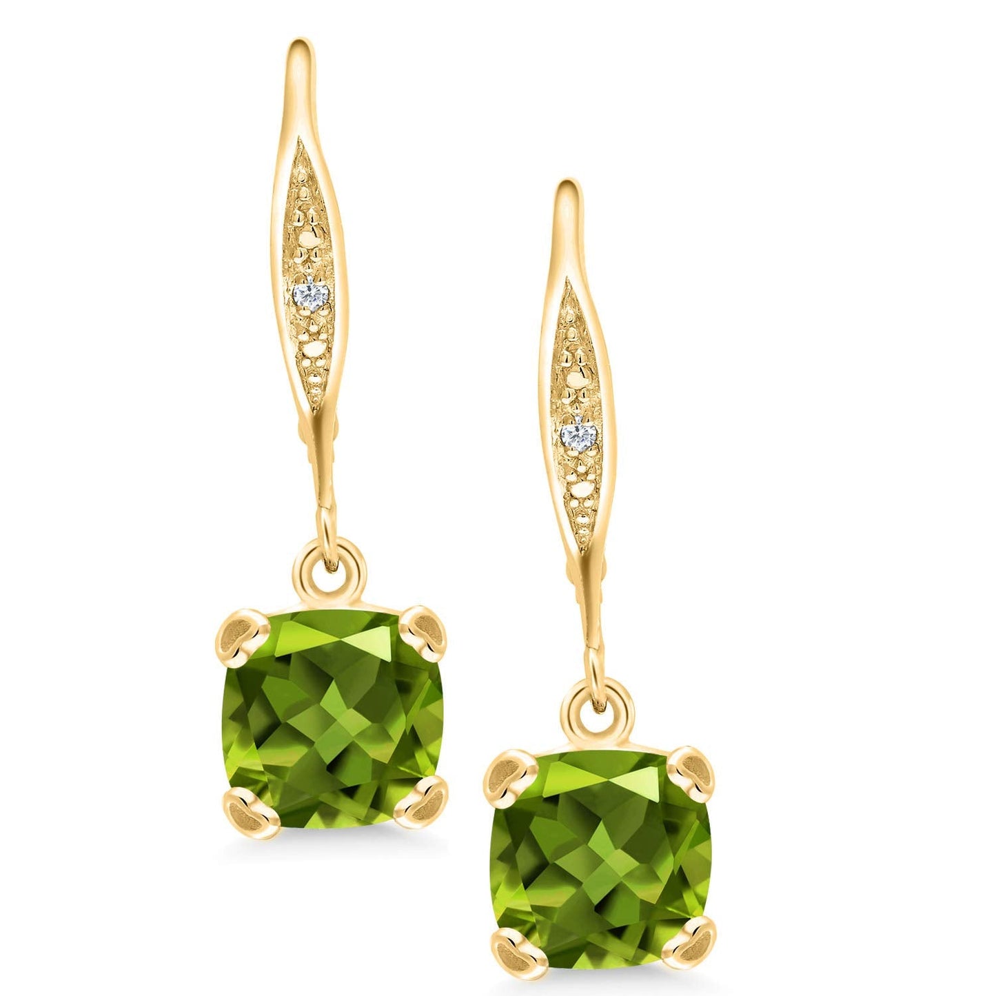 Gem Stone King Drop Dangle Earrings For Women | 7MM Cushion Cut Gemstone Birthstone and Diamond | 925 Sterling Silver | Jewelry Gift for Mom Wife Her | Peridot-August | Yellow Gold