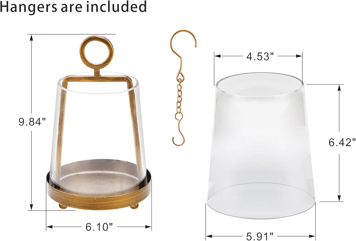6" Wide Modern Farmhouse Metal Hurricane Candle Holder with Handmade Sturdy Glass Sleeve in Antique Brass for Pillar Candle & Plants, Hurricane Lantern, Industrial, Minimalistic (1, Brass, 6"x10")
