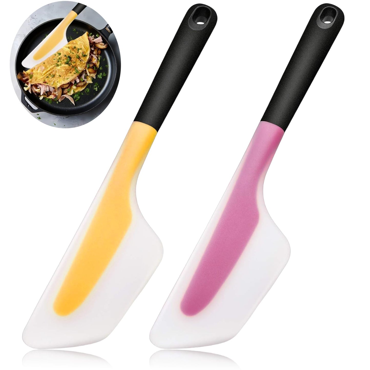Bigwinyep Omelette Spatula, Silicone Spatula Heat Resistant Flip and Fold Omelette Turner for Kitchen Omelet Pancake Crepes, Pink&Yellow