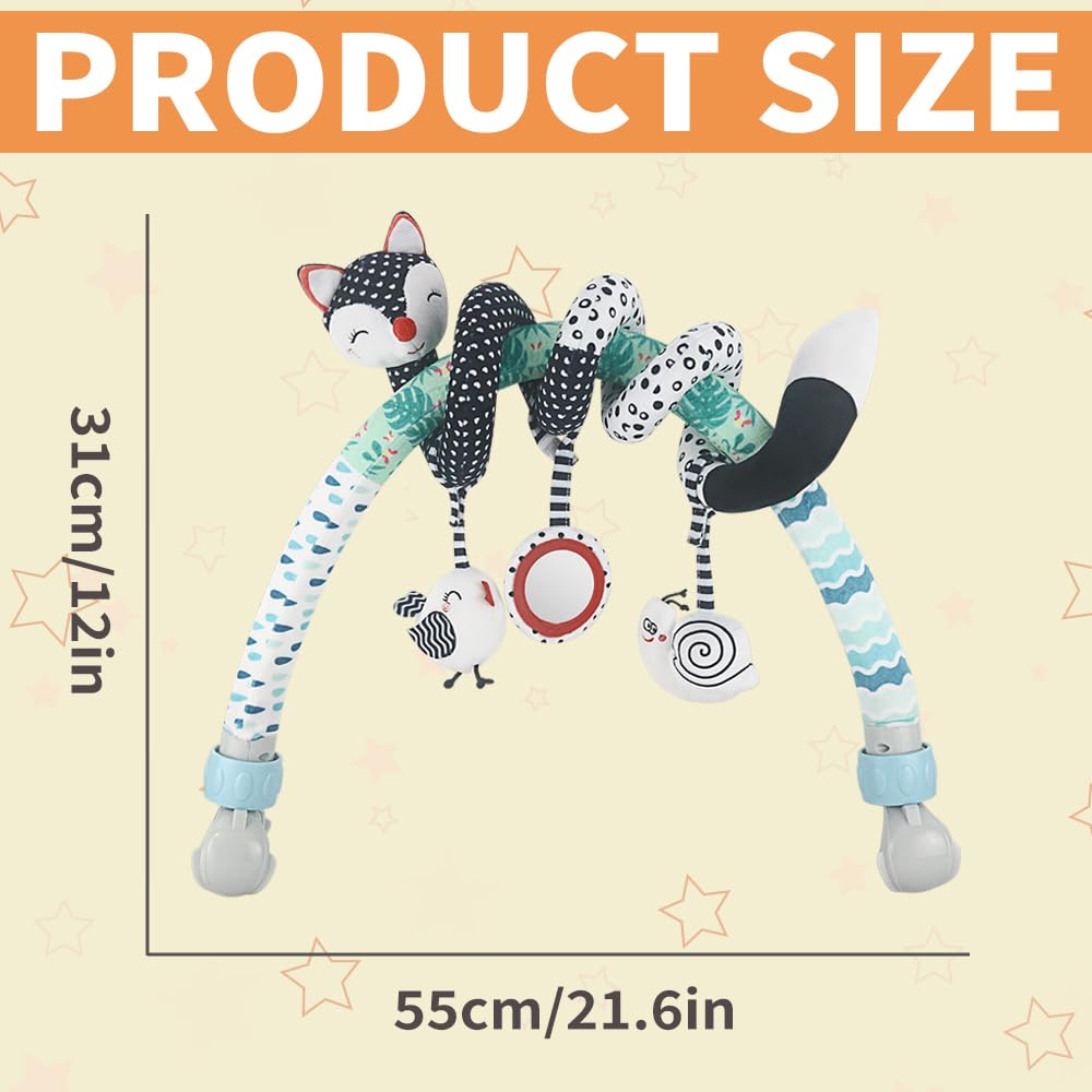 Caterbee Baby Stroller Arch Toys, Black and White Hanging Toy Activity Set, Stretch & Spiral Adjustable Clamp for Cribs & Car Seats, Includes Rattles, Squeaker & Teether for Newborns and Infants (02)
