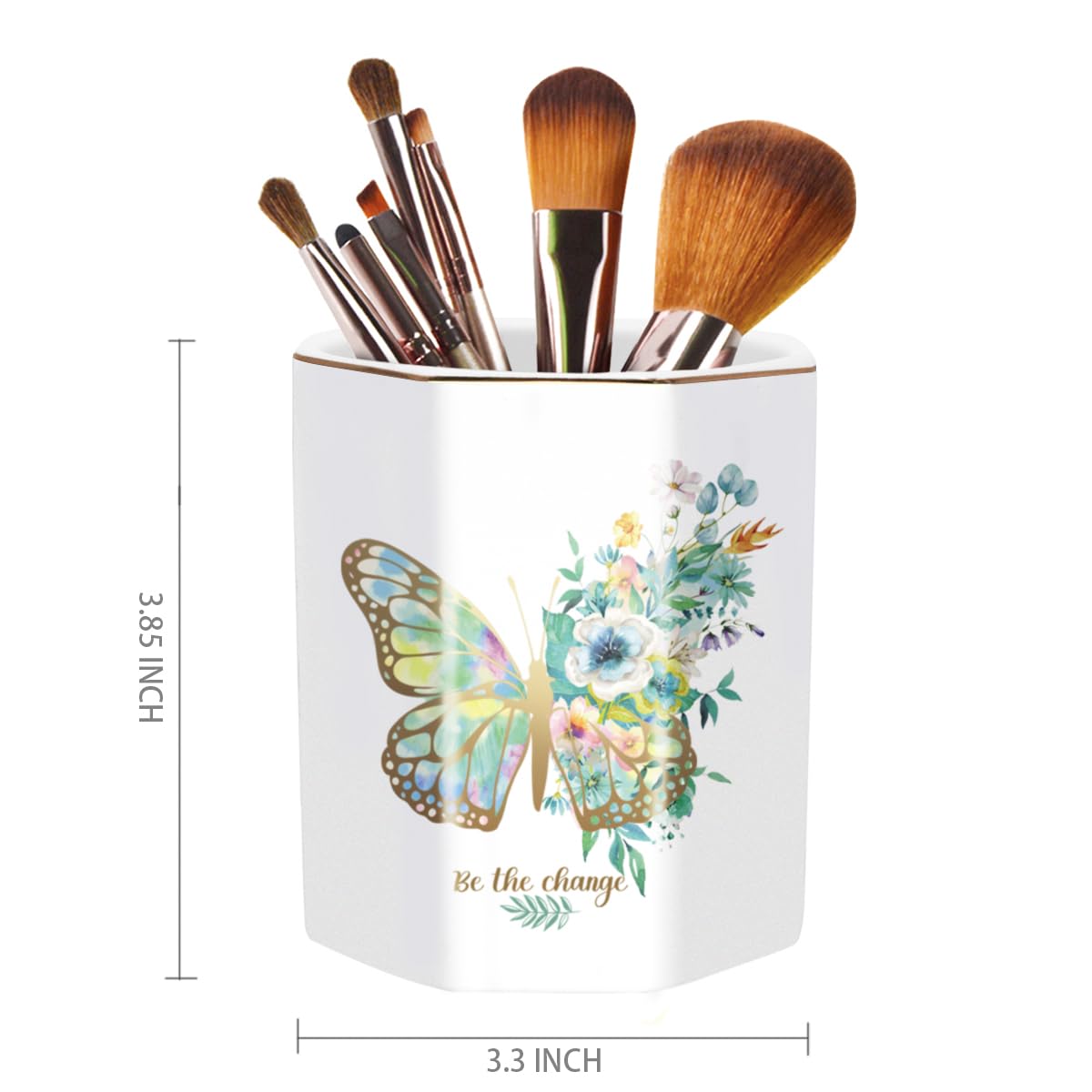 WAVEYU Pencil Pen Holder for Desk, Ceramic Cute Makeup Brush Holder, Desktop Supplies and Accessories for Women Students, Art Supply Caddy, Butterfly Pattern