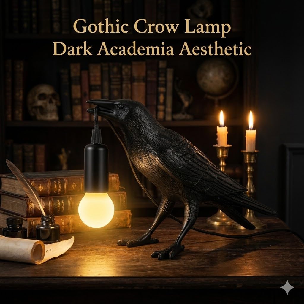 OVANUS Crow Lamp Gothic Decor, Raven Table Lamp with Adjustable Brightness, Dark Academia Aesthetic Night Light for Bedroom, Halloween Black Bird Lamp, Unique Gift