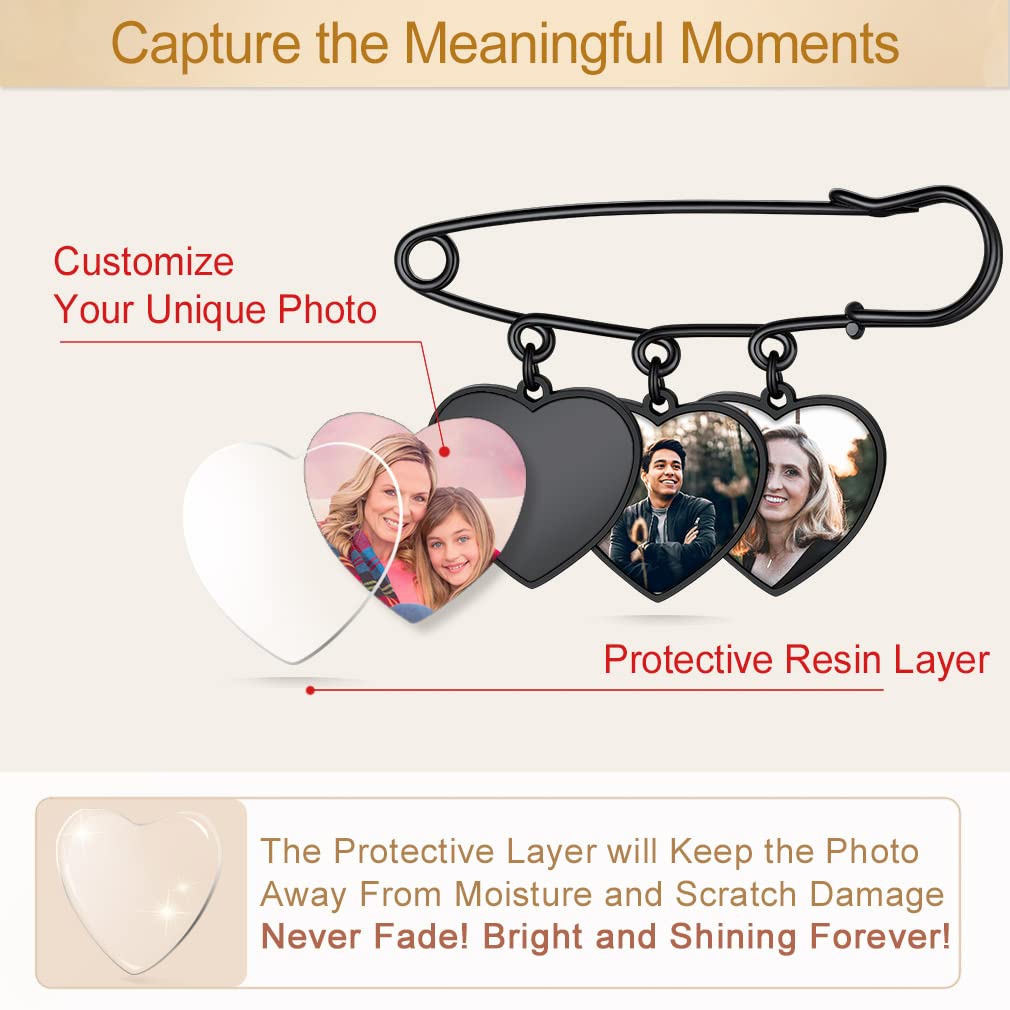 Custom4U Photo Charm for Bouquet Heart Shaped Brooch Pins with 3 Pictures Customized Memorial Wedding Jewelry
