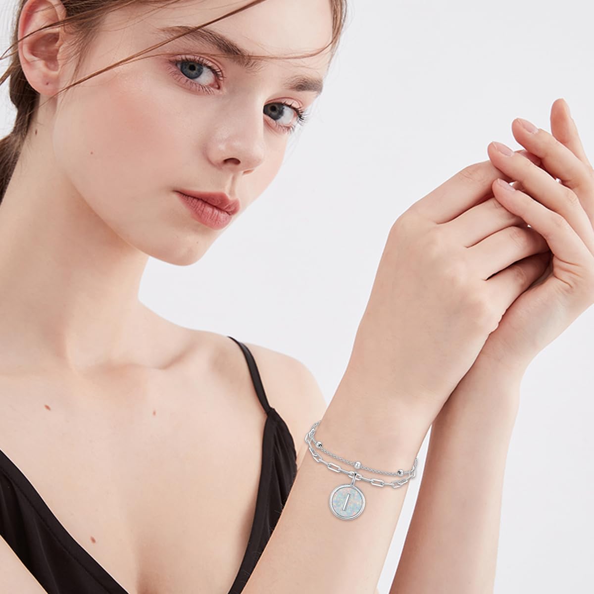 LWQQWL Initial I Bracelet for Women 925 Sterling Silver Layered Initial Bracelet Opal Letter 26 Alphabet Jewelry Christmas Gifts
