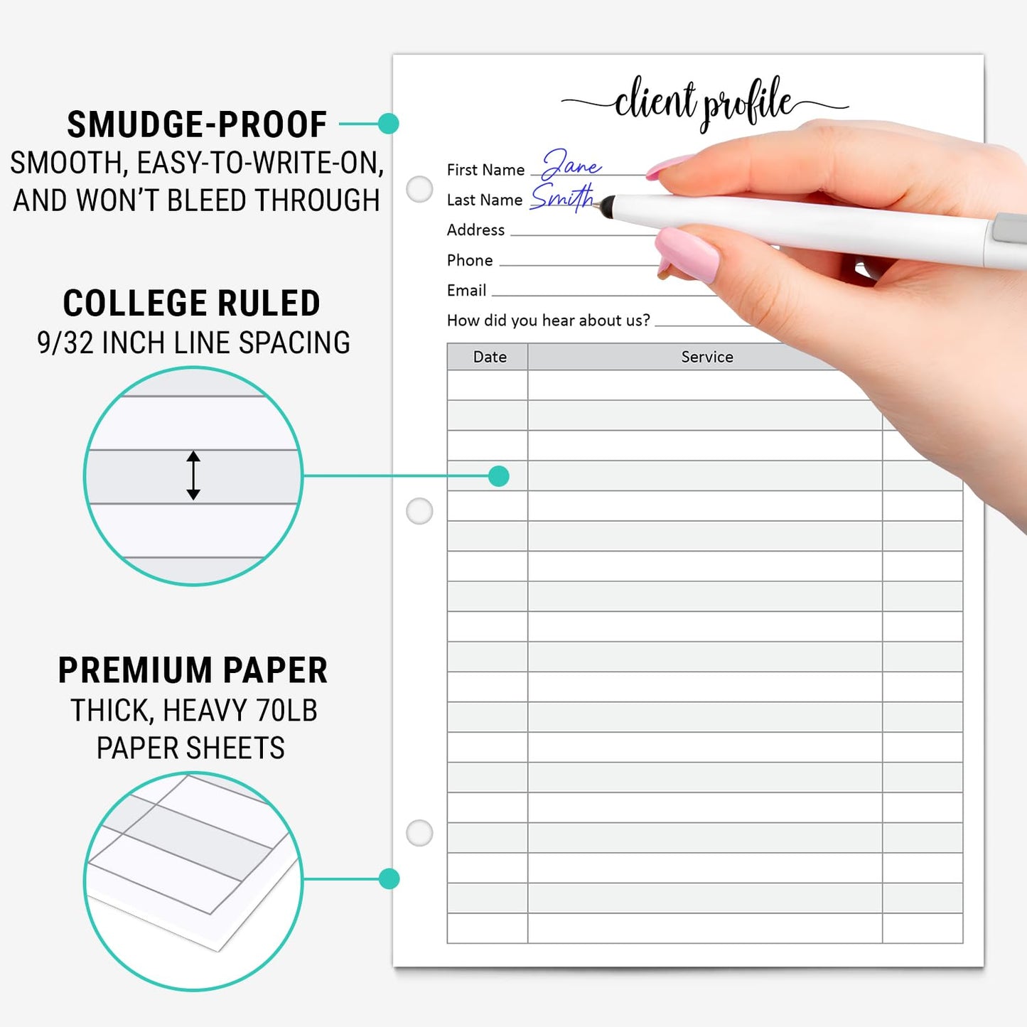 321Done Client Profile Cards, Made in USA - 5.5x 8.5, Customer Information Form, Three Ring Binder Insert Sheets for Small Business, Salon, Spa, Hairdresser, Stylist, Nail Salons Supplies - 50-Pack