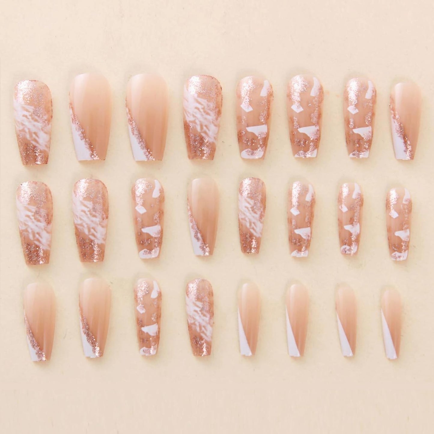 MISUD Press on Nails - Long Coffin Fake Nails with White Ombre, Acrylic Bling Glitter Design 24 pcs