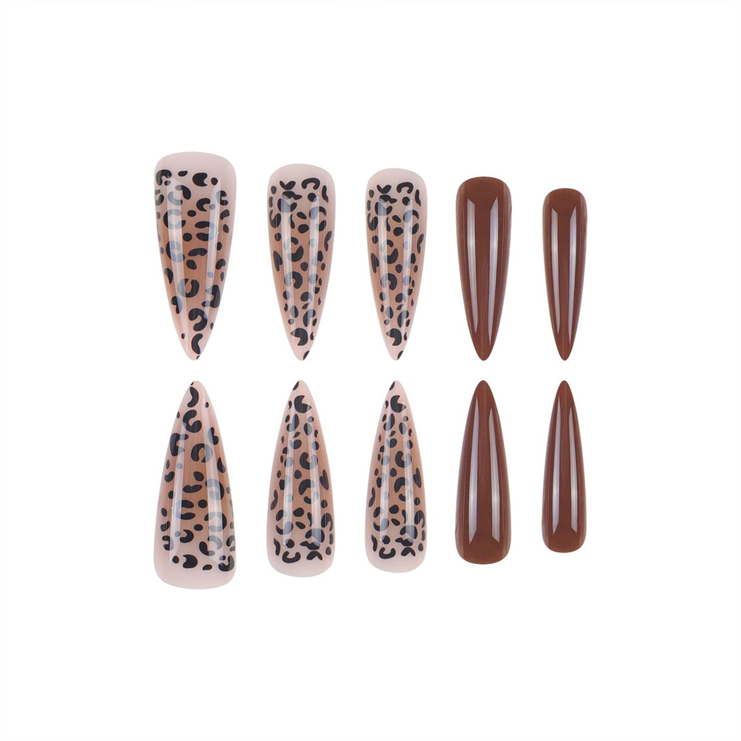 SINHOT Stiletto Press on Nails - Long Fake Nails, Glossy Finish, Brown Ombre & Leoprad Pattern, DIY Artificial False Nail Art - 24 Pcs Nail Kit with Glue