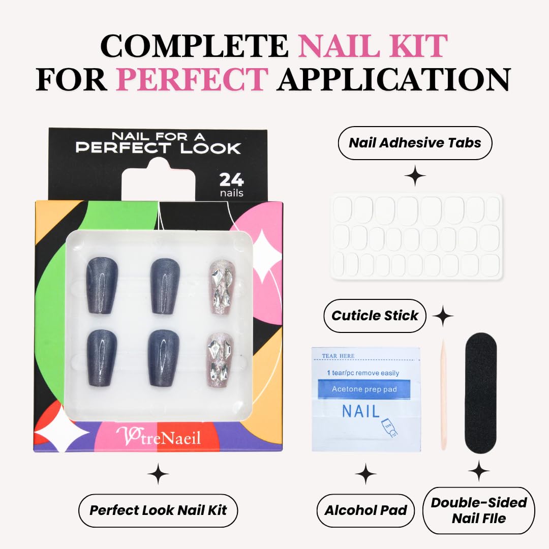 Votrenaeil Press On Nails - Starry Night | No Glue Coffin Navy Nails with Glitter & Shimmer Finish for Party - 24 Pcs Nail Kit with Adhesive Tabs