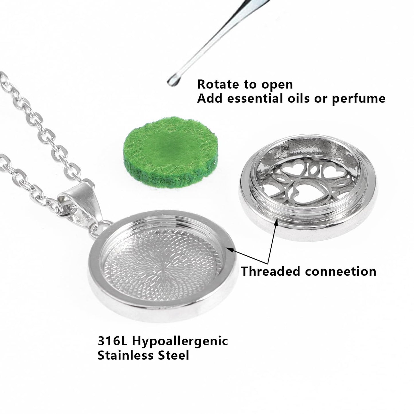 YWLI Essential Oil Diffuser Necklace Aromatherapy Locket Heart Pendant Necklace Stainless Steel Necklace Pendant with 10 Pcs Refill Pads