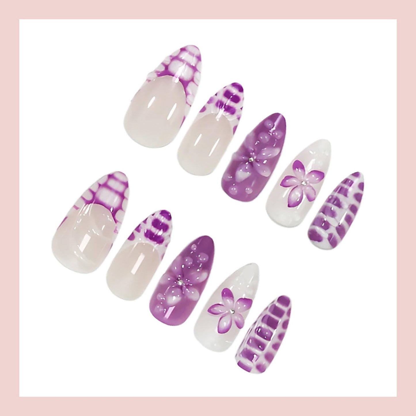 FIEONCIY Press on Almond Nails Short Length Glossy Acrylic Almond Shaped False Nails with Designs Artificial Medium Fake Nails with Charms Glue Stick on Fingernails for Women Girls(WSJ2402)