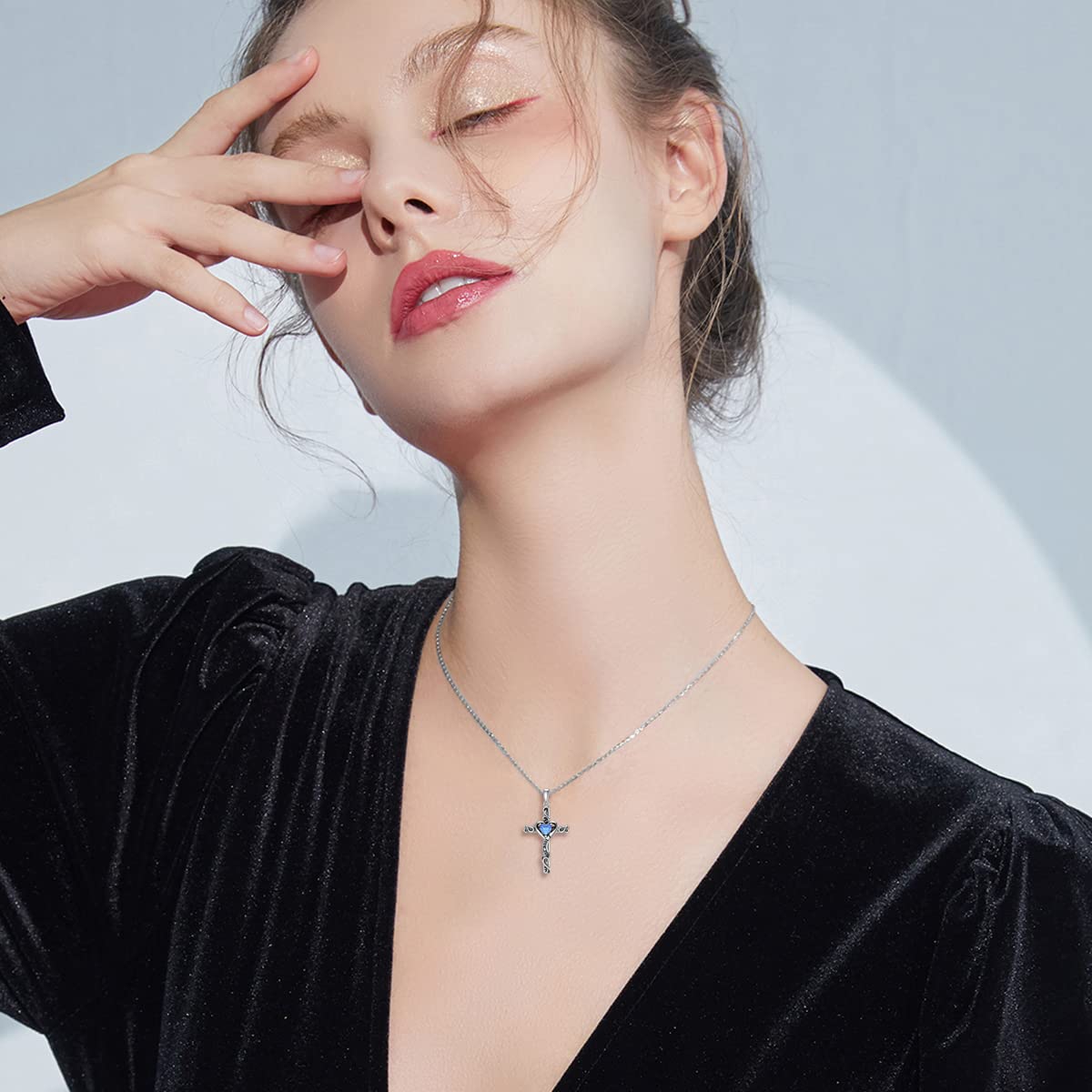 TOUPOP Topaz Cross Necklace for Women Sterling Silver December Birthstone Cross Pendant Necklace Heart Love Jewelry for Her Girlfriend Wife Mom Anniversary Birthday Mothers Day Gifts