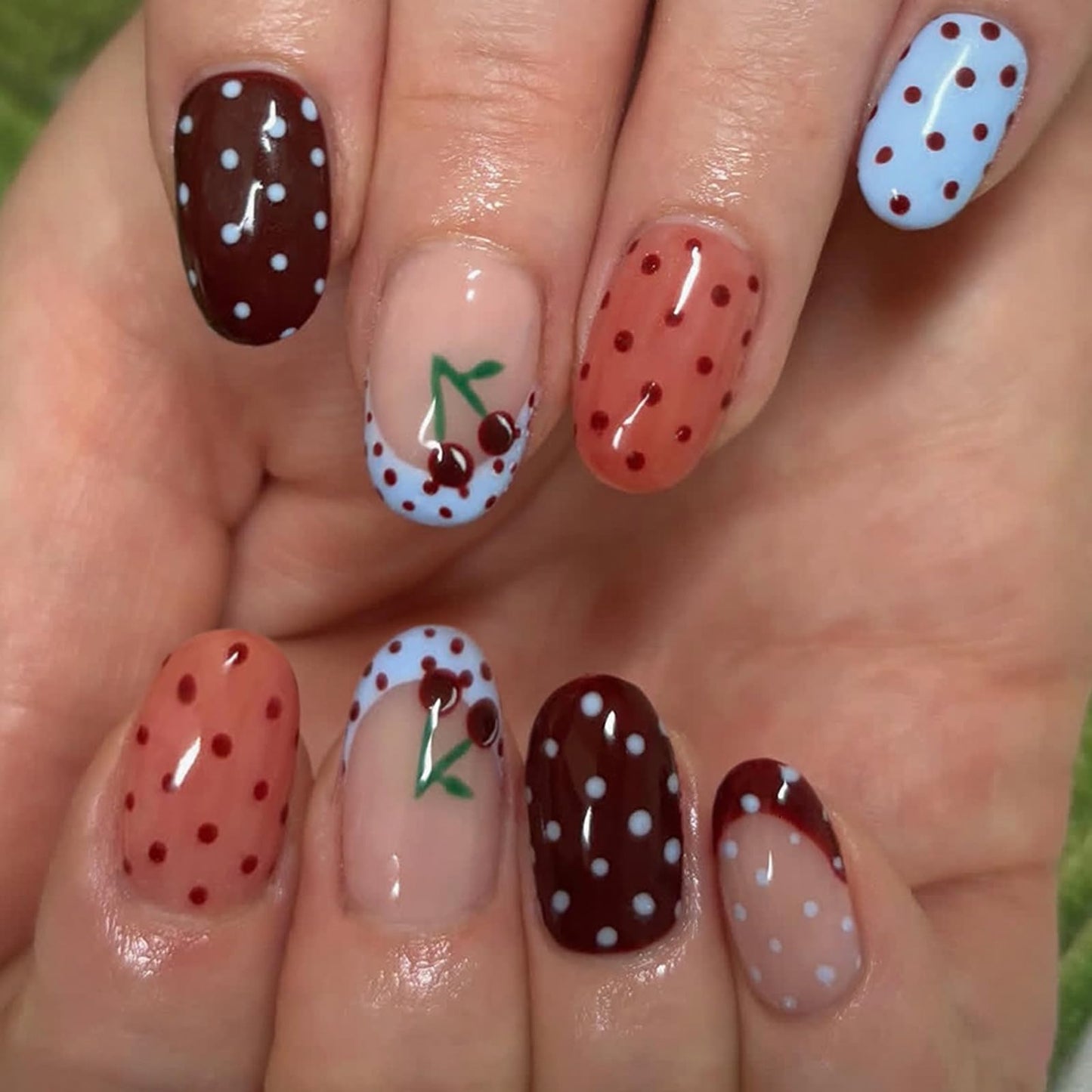 IMSOHOT Press on Nails Short Oval Fake Nails with Cherry, Polka Dot Designs Cute Pink Blue Glossy Full Cover Acrylic False Nails 24Pcs