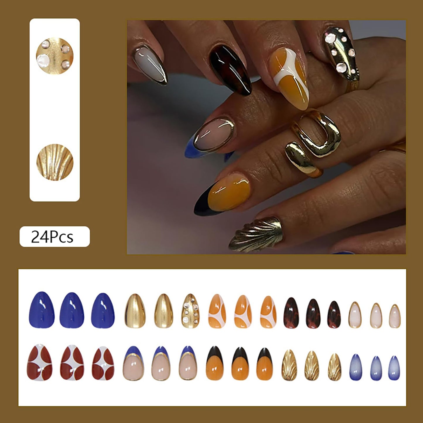 24 Pcs 3D Almond Press on Nails Medium Fake Nails with Glue Artificial Acrylic Nails French Tip False Nails with Glitter Rhinestone Design Handmade Nails Press ons Reusable Stick on Nails for Women