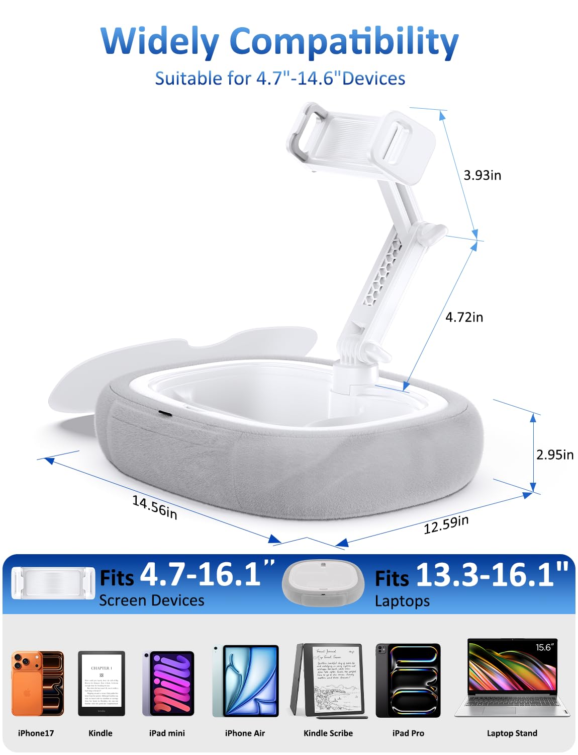 Tryone Tablet Pillow Holder & Laptop Stand : Lap Adjustable iPad Holder with Snack Bowl,Soft Plush Pillow & 360° Rotating Detachable Support Arm for 4.7-16.1 Kindle Phone Tablet Laptop (Gray)