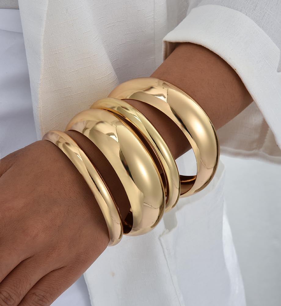 Chunky Gold Bangle Bracelets for Women, Dainty 14k Gold Plated Big Stackable Bangles Set, Trendy Statement Cuff Bracelet Stack Fashion Jewelry Gifts (4 chunky gold bangles)