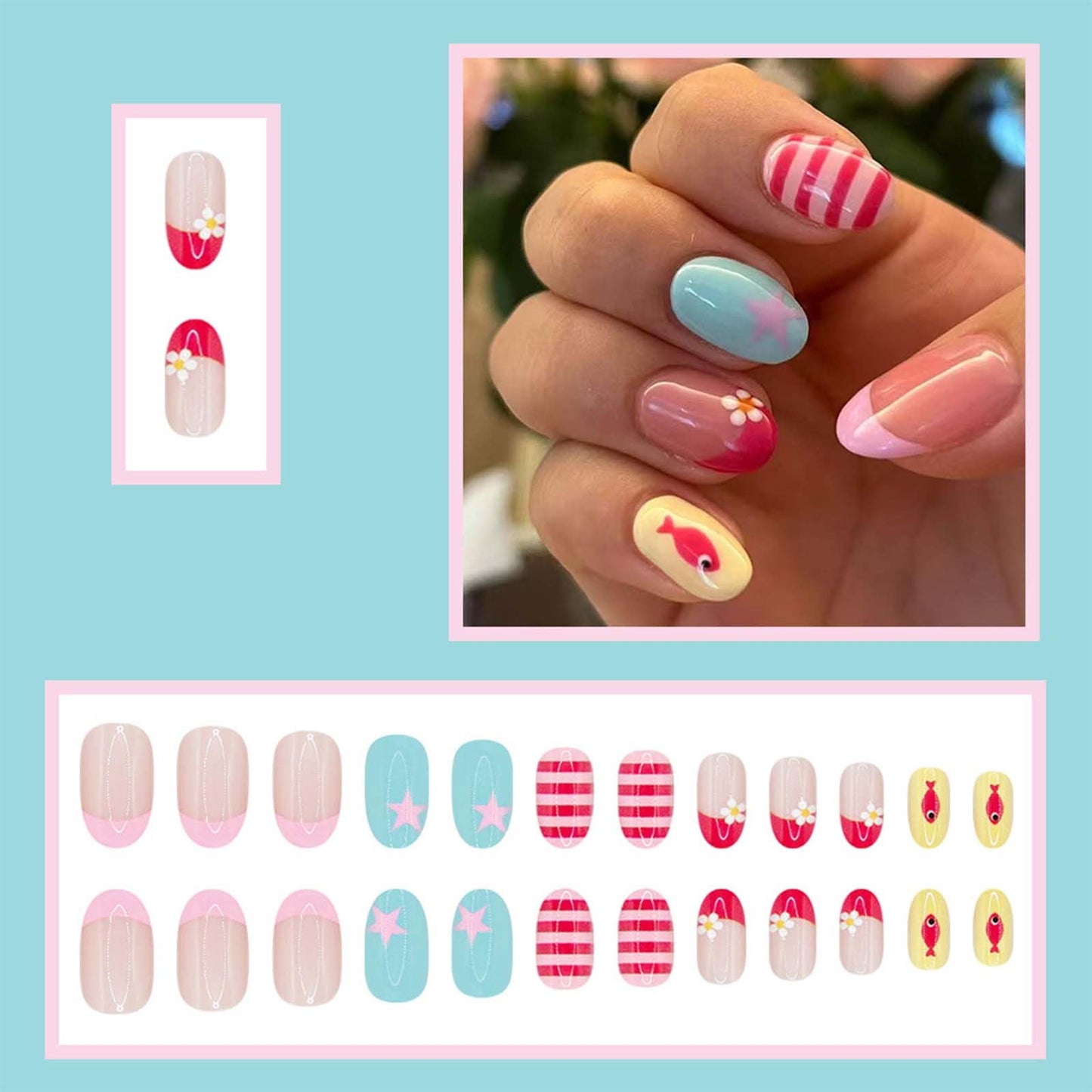 AWDSLUY 24Pcs Cute Summer Beach Press on Nails Short Round Fake Nails with Fish Star Flower Stripe Design Pastel Pink Blue Yellow Glossy False Nails Kawaii Vacation Stick on Nails for Women
