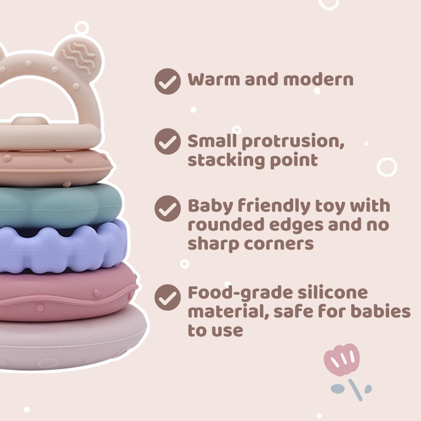 CuddleCubs Creations Baby Bear Teething & Stacking Toy Set - Teething Toys Silicone Teethers, Soft Baby Stacker Rings Teether, Learning Toy Gift for Boys and Girls 6+ Months (Beige)