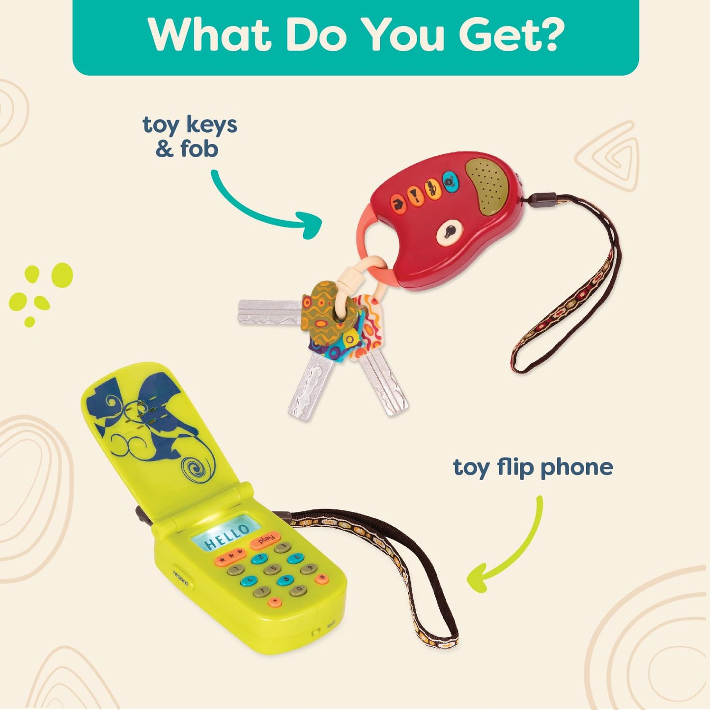 B. toys – Toy Car Keys & Cellphone – 2 Pieces Sensory Bundle – Developmental Toy for Babies, Toddlers – Red Keys & Green Play Phone – 10+ Months – FunKeys + Hellophone Set