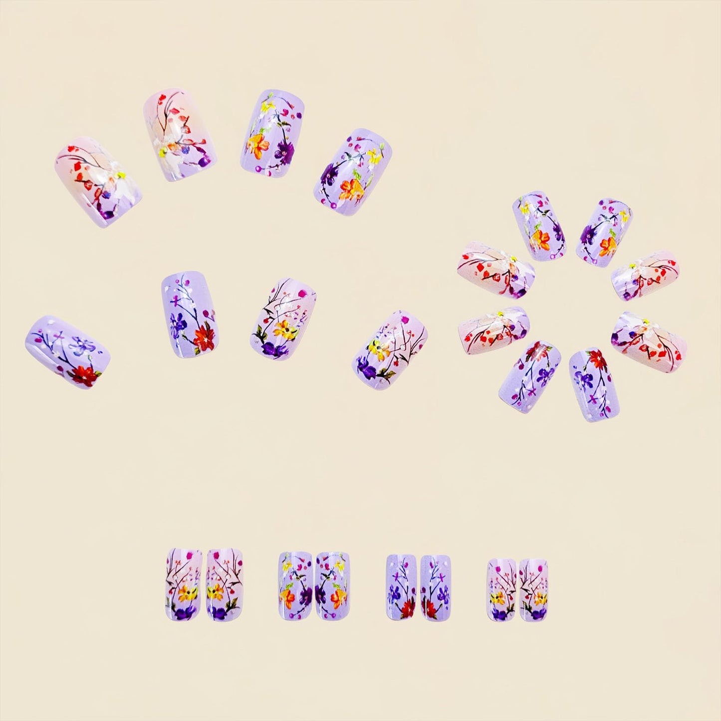Summer Press on Nails Medium Square Fake Nails with Color Floral Designs Glossy Nails Press ons Purple Glue on Nails Spring Acrylic Nails Artificial Stick on Nails for Women 24Pcs