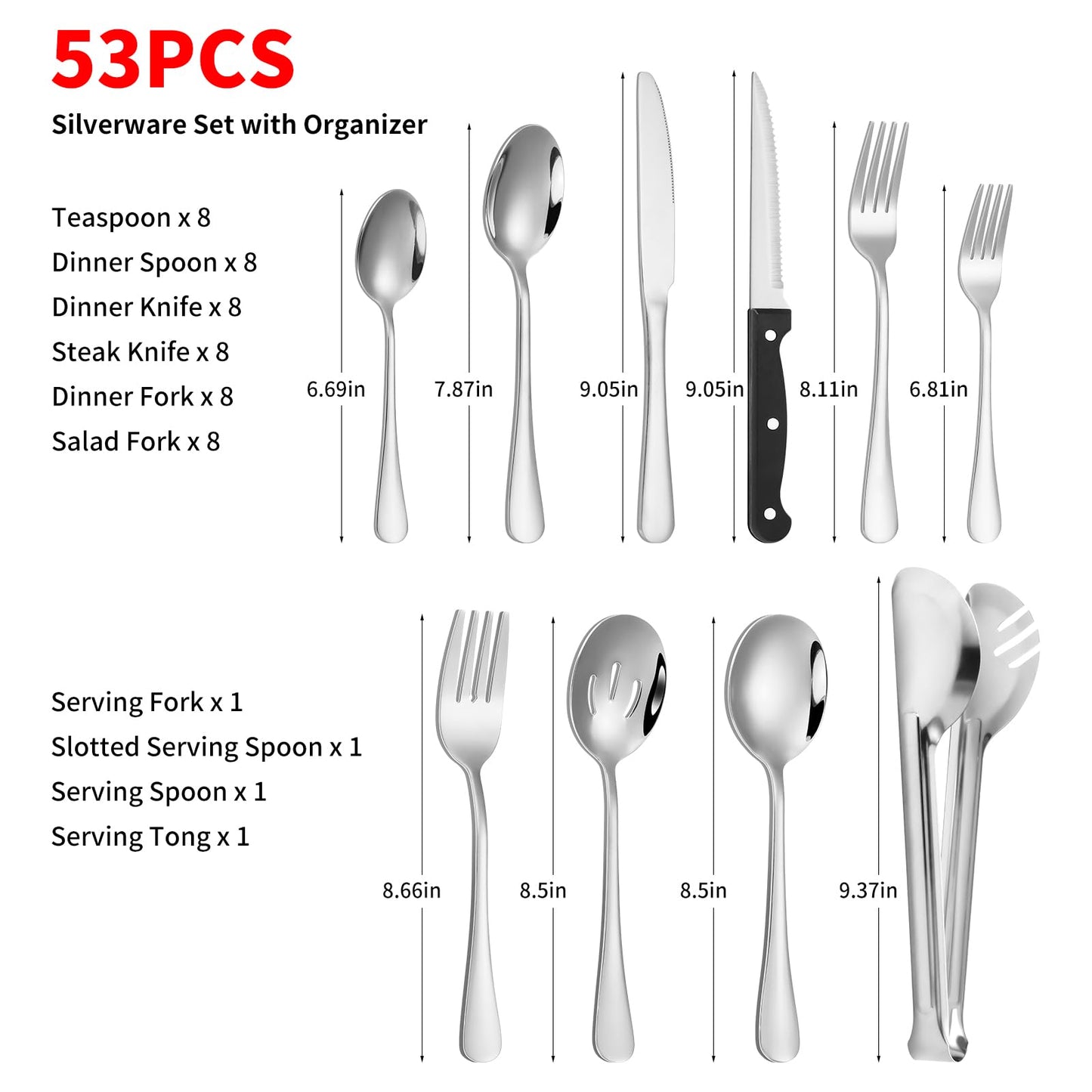 53PCS Silverware Set for 8 with Flatware Drawer Organizer, Stainless Steel Cutlery Set with Steak Knives, Include Spoons and Forks Set & Serving Utensils, Mirror Polished, Dishwasher Safe