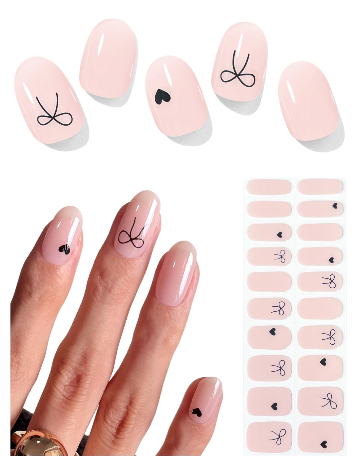 AutyaMee Semi Cured Gel Nail Strips (Black Bow), Jelly Nude, 20 Pcs Gel Nail Wraps, Stickers, UV Light Required, Salon Quality, Long Lasting