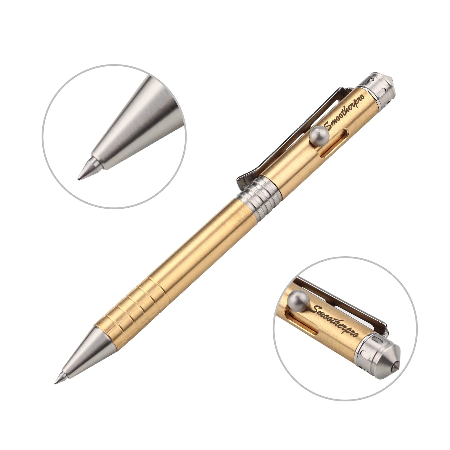 SMOOTHERPRO Solid Brass Bolt Action Pen Shorty Size Compatible with Parker Refill Stainless Steel Clip Medium Weight for Tremor Parkinson Arthritic Signature and Gift (SPR138)
