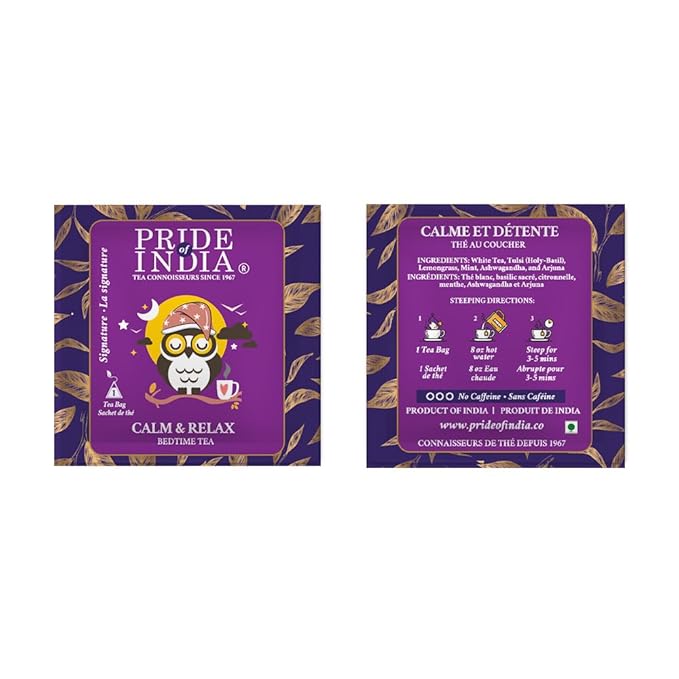 Pride of India | Sip and Relax : Bedtime Tea | 15 Pyramid Full Leaf Individually Wrapped Tea Bags| 100% Natural Blend of White Tea & Herbs from Single Origin | Calming and Soothing