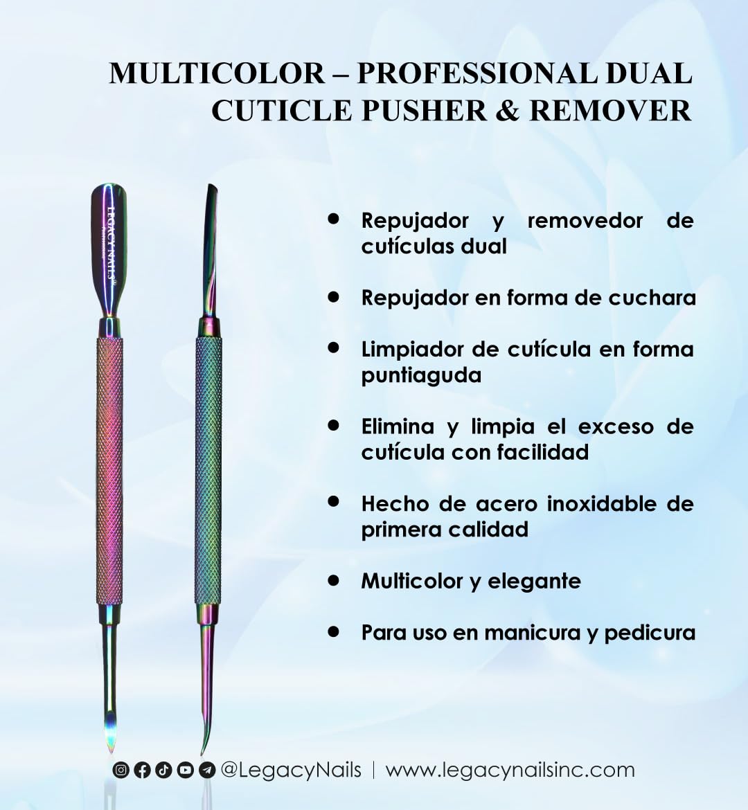 Legacy Nails Professional MULTICOLOR DUAL CUTICLE PUSHER & REMOVER in Stainless Steel - Sharpened-spoon shape - Sharp-pointed shape