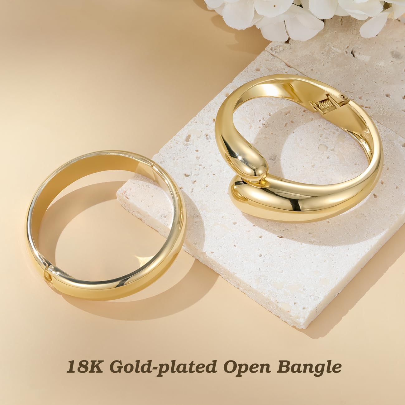 Emibele Gold Bangle Cuff Bracelet Stack, Chunky 18K Gold Plated Teardrop Hinged Thick Bangle Bracelet Set, Non Tarnish Gold Bracelets for Women, 2 Pack