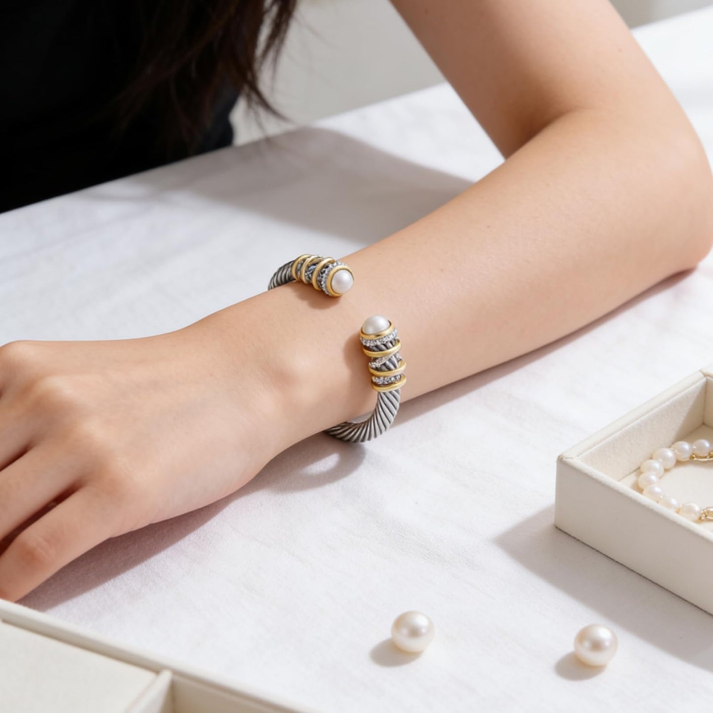 Twisted Cable Open Cuff Bangle Bracelets for Women, Gold Plated Jewelry with Composite Shell Pearl, Adjustable Stainless Steel Bangle for Timeless Elegance