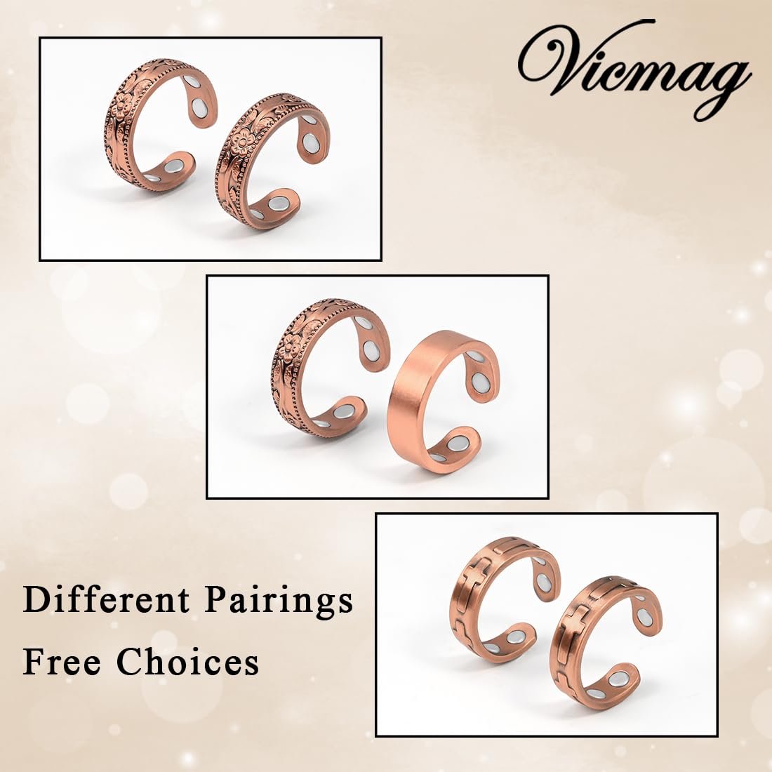Vicmag Copper Magnetic Rings for Women 99.9% Copper Finger Ring Ultra Strength Magnet Gift Adjustable