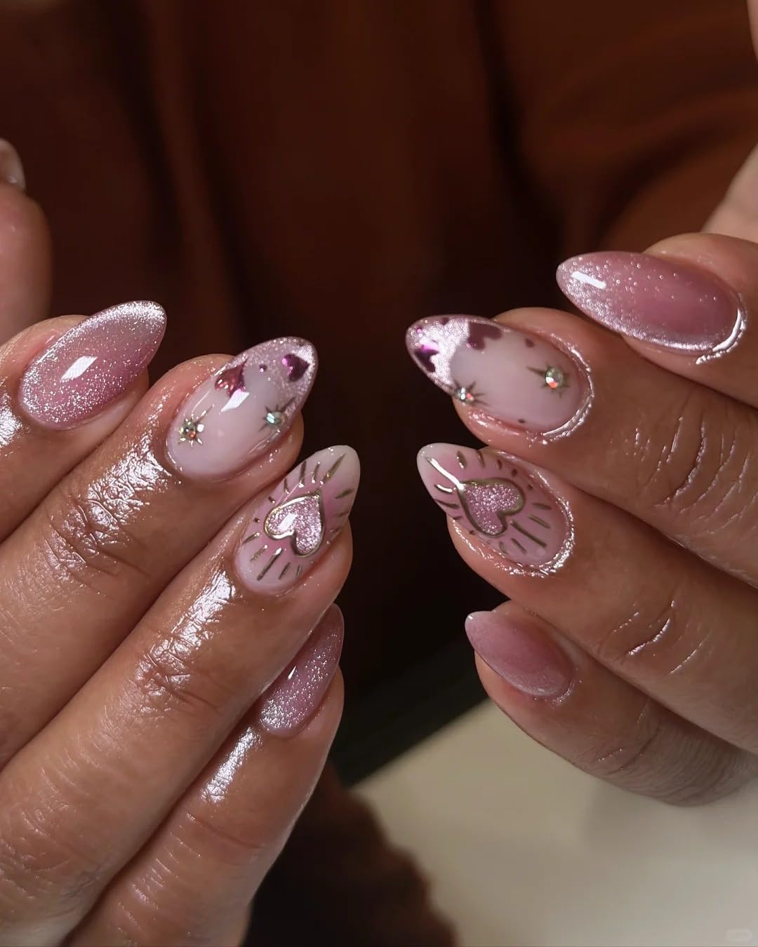 Handmade Glitter Cat Eye Press on Nails Medium Short Almond, Gel Fake Nails Short with UV Coating, Reusable Glue on Nails for Women Daily Wear, Nude Sparkle 10 Pcs (MT-114, M)