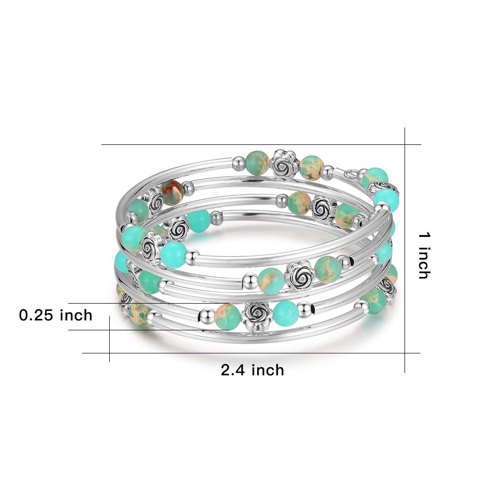 BULINLIN Wrap Bangle Rose Bead Bracelet - Beaded Bracelet with Natural Agate Stone Gifts For Women(01-Water green)