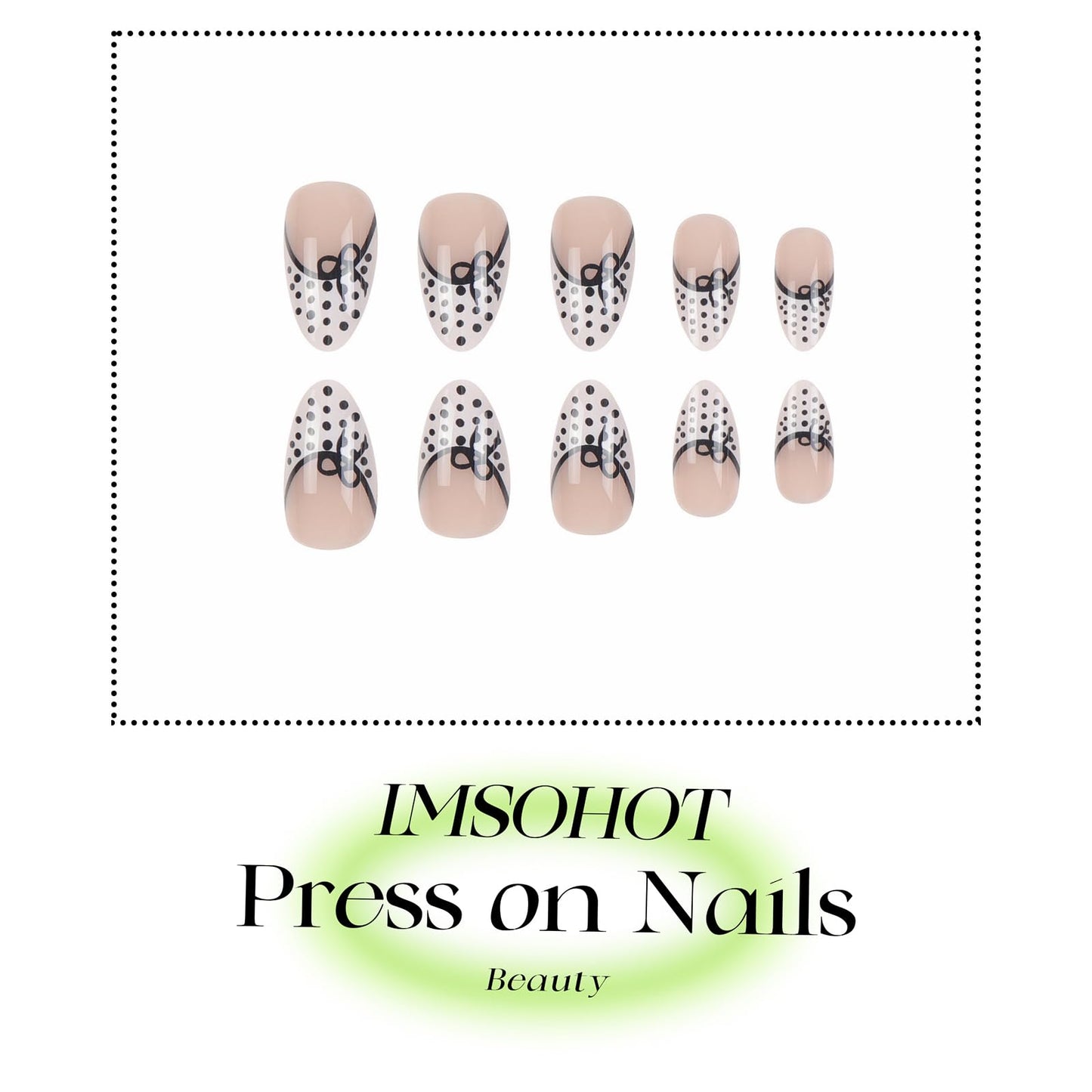 IMSOHOT Press on Nails, Black & White, Polka Dot Pattern Design, Medium Almond Fake Nails, French Tips Glossy Acrylic False Nails, Full Cover Cute Glue on Nails | 12 Sizes - 24 Nail Kit