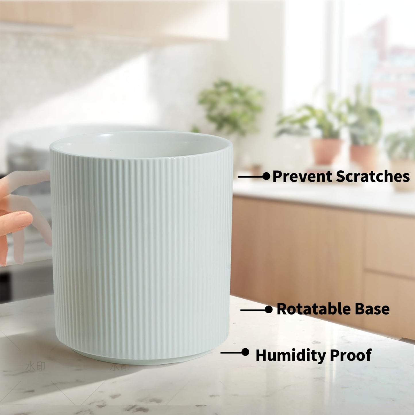 UDNORDGLOW 360° Rotating Utensil Holder for Kitchen Counter, 7.6'' Extra Large Utensil Caddy for Countertop, Modern Utensil Organizer for Spatula, with Rotatable Bamboo Base, White
