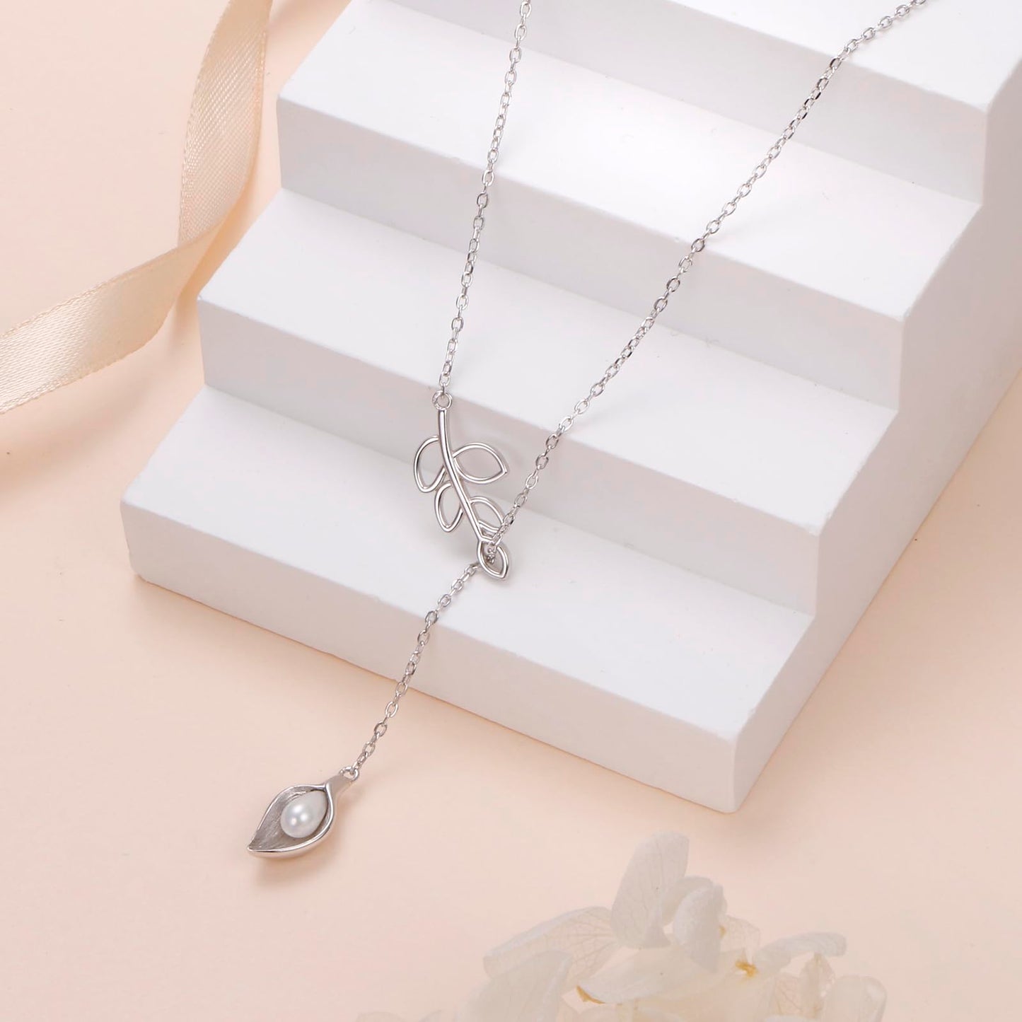 DAOCHONG Long Leaf Y Shaped Lariat Necklace Sterling Silver Calla Lily Long Chain Drop Adjustable Necklace Layered Necklace 30"
