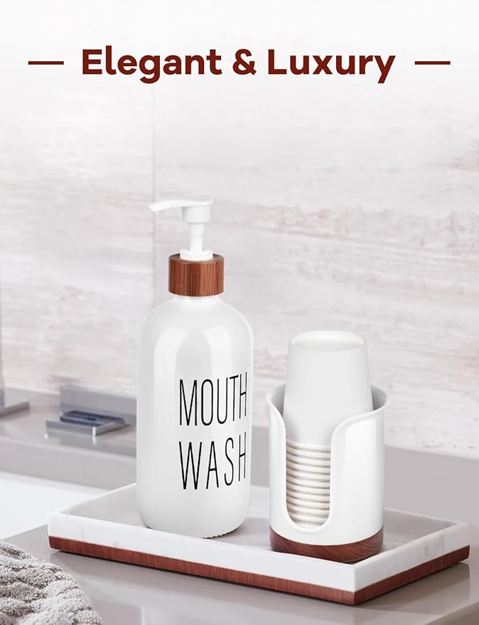 Premium Bathroom Cup Dispenser - Compact Cup Holder for Dixie 3 oz Cups, 3 4 Ounce Mouthwash Cup Dispenser - PC/Walnut, White, Pack of 2