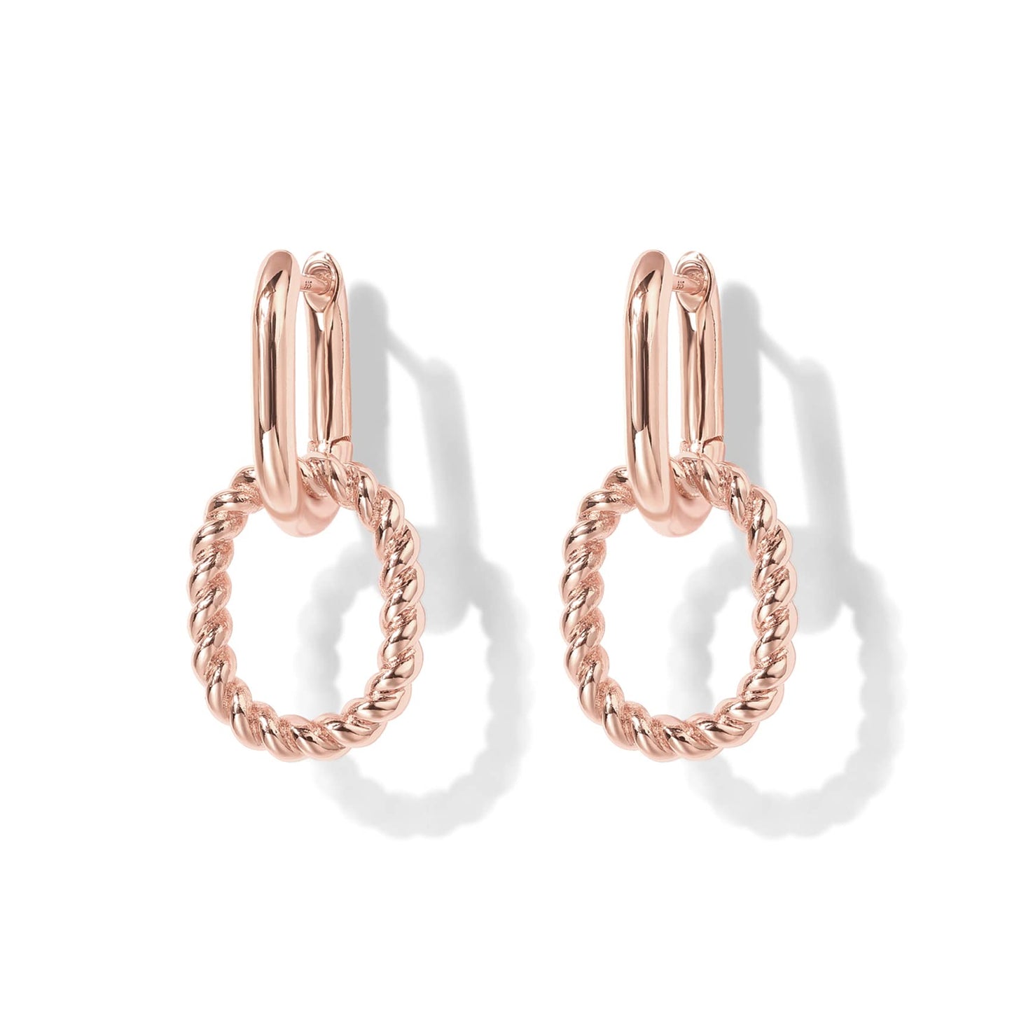 PAVOI 14K Rose Gold Plated Convertible Twisted Rope and Plain Paperclip Link Earrings for Women - Braided Drop Dangle Huggie Hoop Earrings