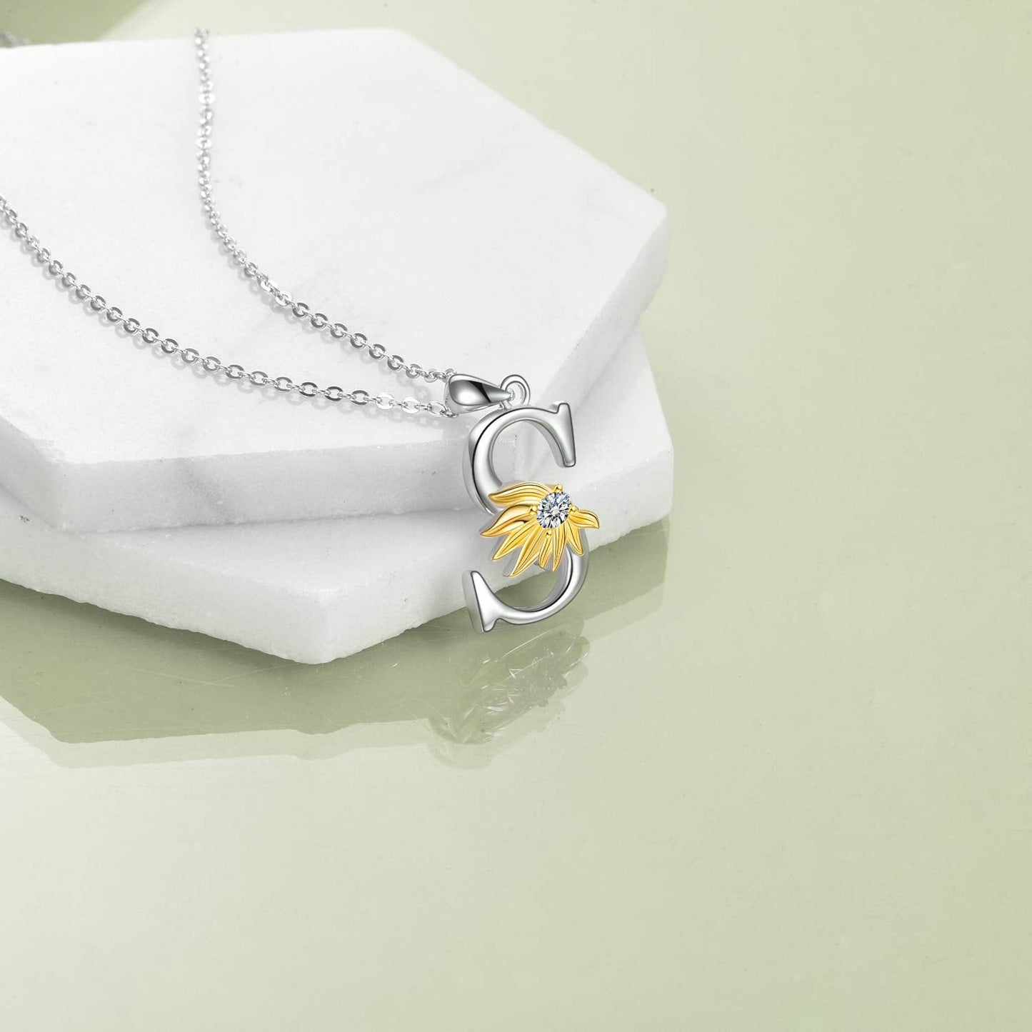 POPLYKE Sterling Silver Initial Alphabet Letter S Script Name Pendant Chain Necklace for Women for (Sunflower S)
