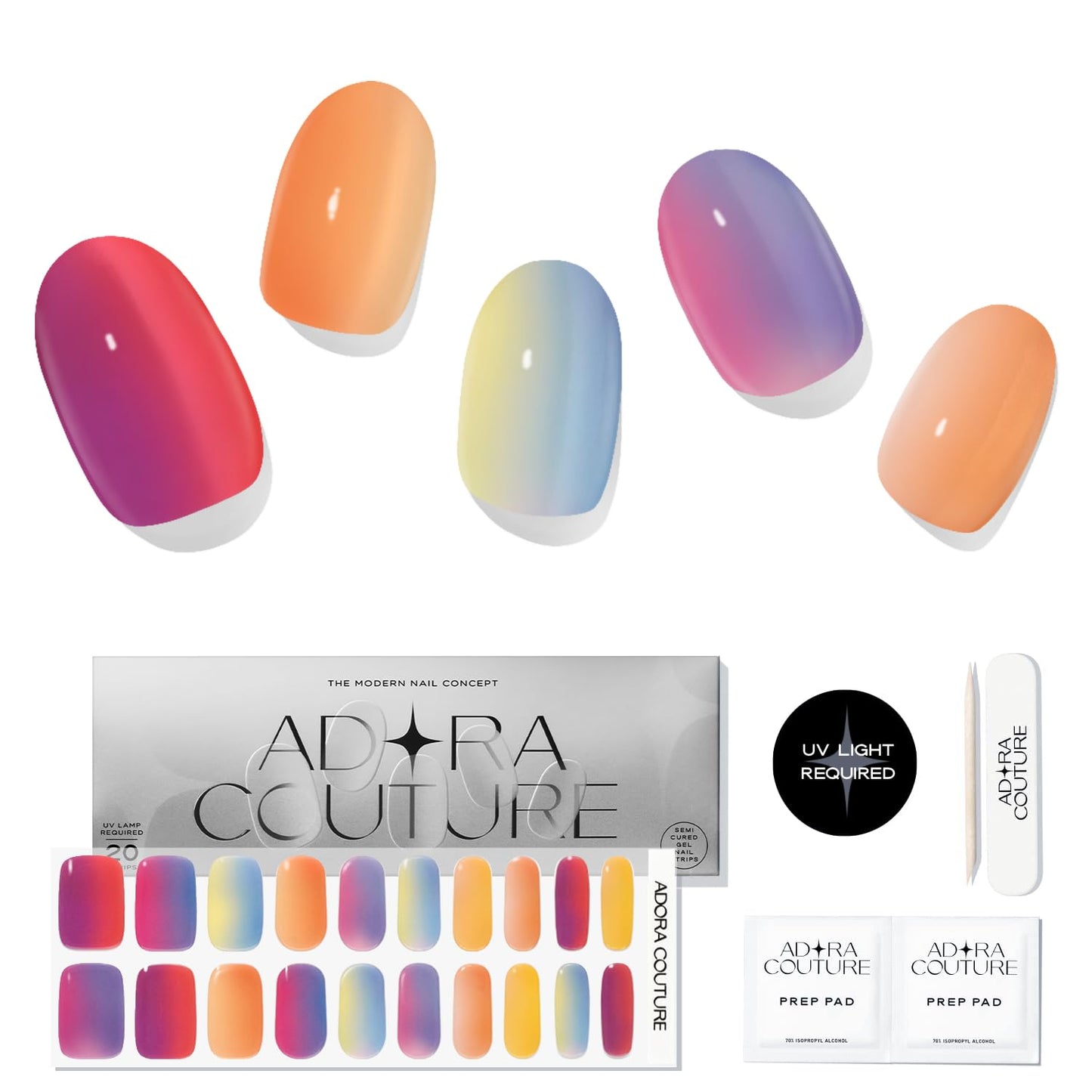 Adora Couture Semi Cured Gel Nail Strips with 20 Pieces - UV Gel Stickers, Manicure Kit, Easy Application Wraps Includes Prep Pads, Nail File, Wooden Stick - UV Light Required (Aurora Scales)