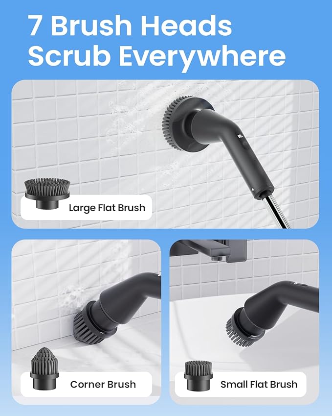 Leebein Electric Spin Scrubber, 2025 New Cordless Cleaning Brush Bathroom Scrubber, IPX7 Waterproof Shower Scrubber with 7 Brush Heads, Extendable Long Handle and 2 Speeds Scrubber for Bathtub Floor