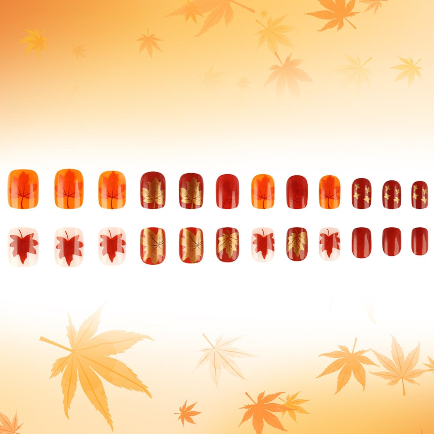 Thanksgiving Press on Nails Short Square Fall Maple Leaf False Nail Full Cover Glossy Acrylic Artificial Fingernails Red Maple Leaf Pattern Festival Stick on Nail Press Ons Glue on Nails for Women