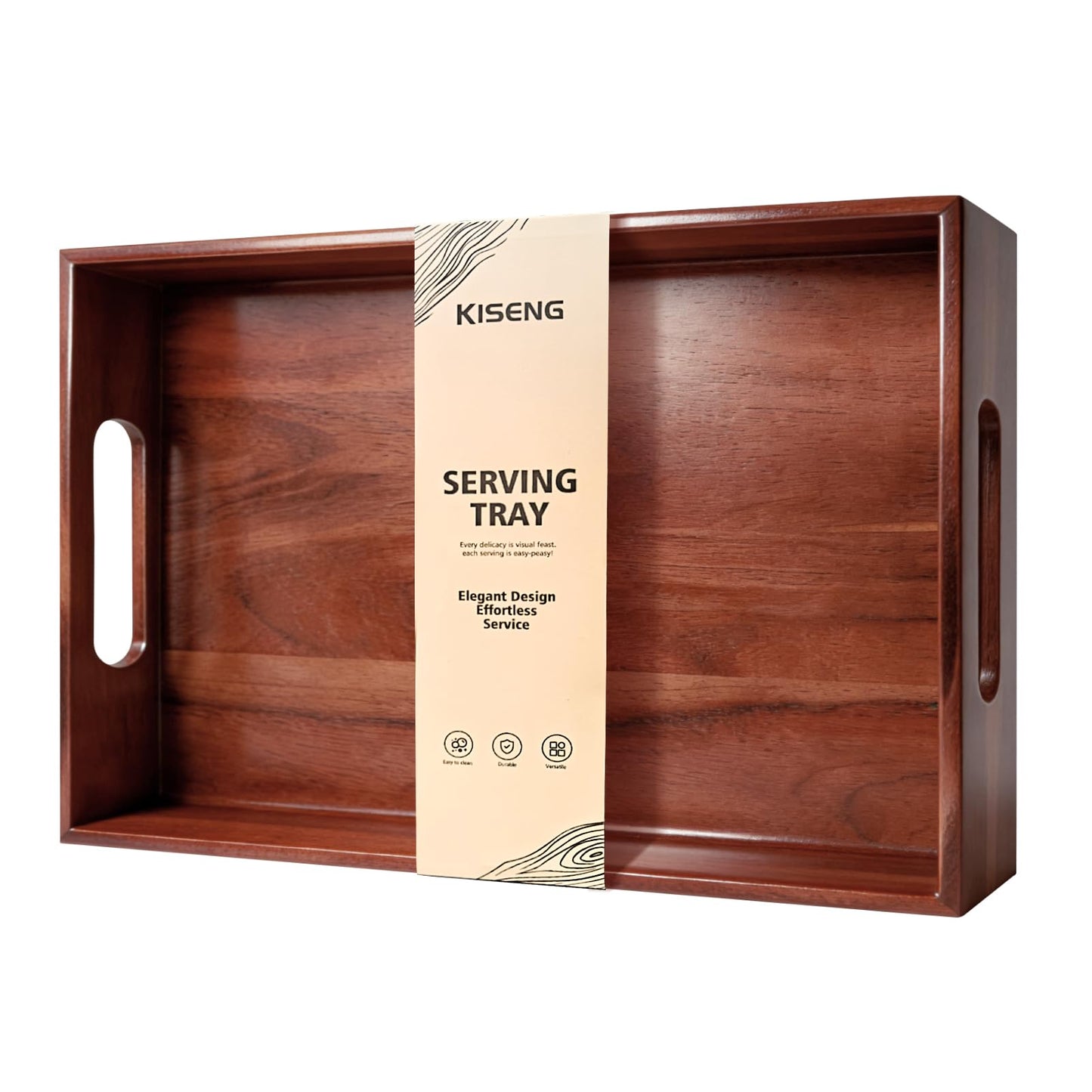 Acacia Wood Serving Tray with Handles, 17 x 12 Inch Large Wooden Tray for Food & Drinks, Coffee Table, Ottoman, Breakfast in Bed – Includes Free Leather Mat