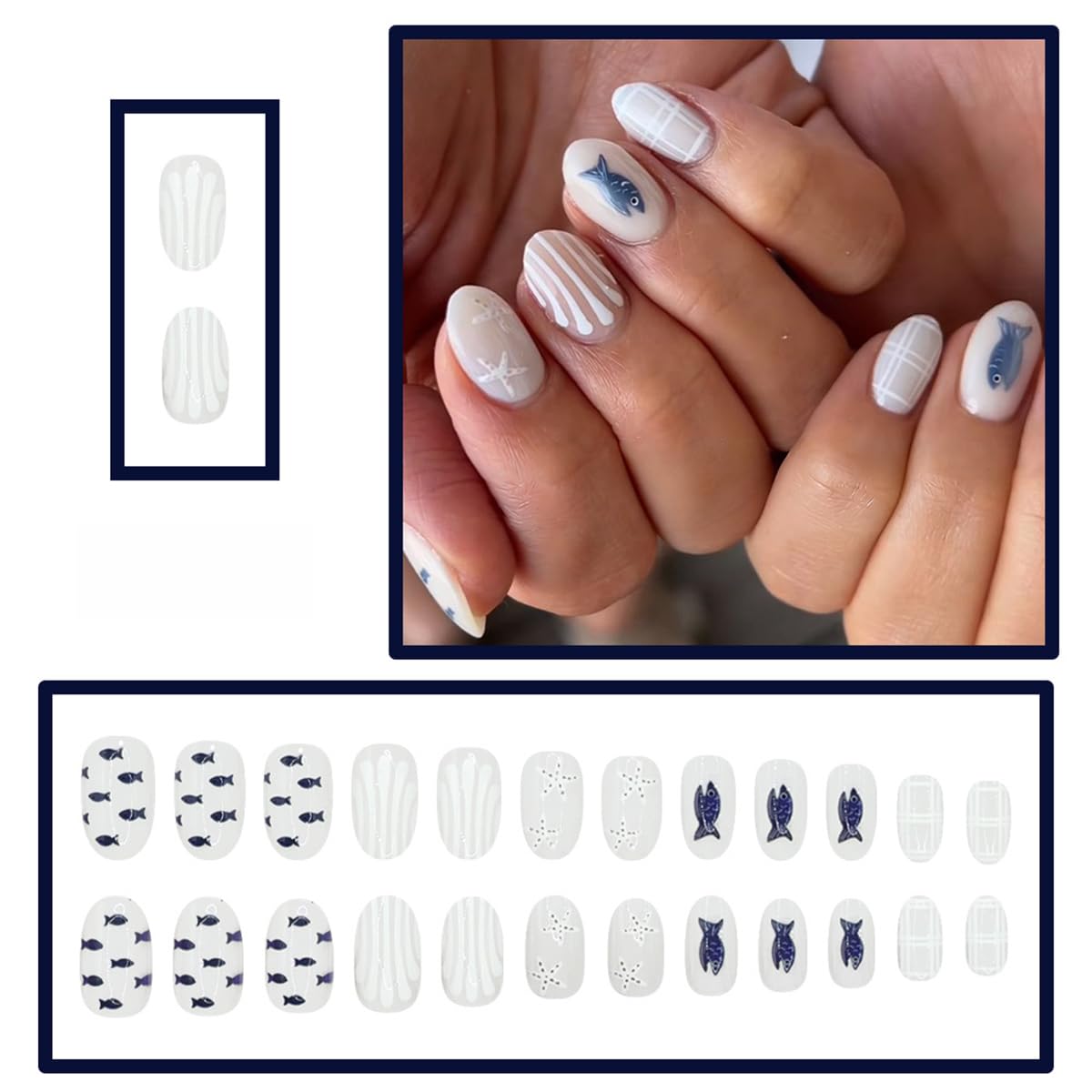 24 Pcs Summer Ocean Press on Nails Short Oval WLGDLH Fake Nails, White False Nails Press ons with Blue Small Fish Starfish Striped Design, Glue on Nails for Women Manicure, Glossy Finish