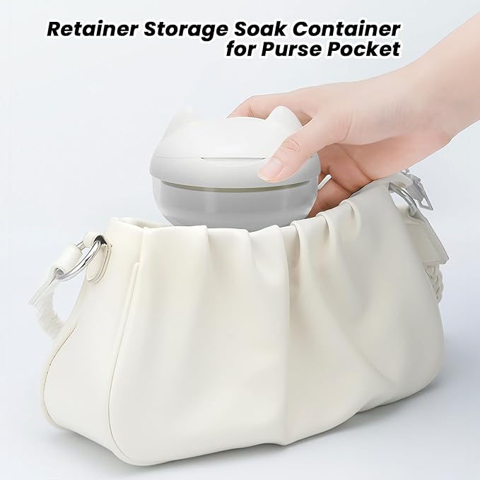 AARAINBOW Retainer Cleaner Denture Case, Leak Proof Denture Bath Box with Strainer Basket, 2 in 1 Retainer Storage Soak Container for Travel, Mouth Guard Cleaning Denture Cup (C White)