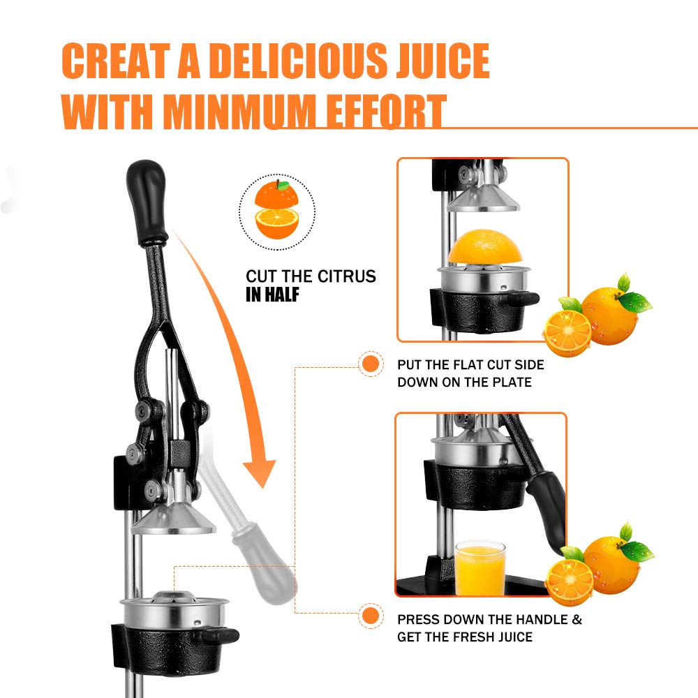 Gowintech Commercial Heavy Duty Cast Iron Hand Press Manual Orange Citrus Lemon Lime Grapefruit Pomegranate Fruit Juice Squeezer Machine with Stainless Steel Cup Black