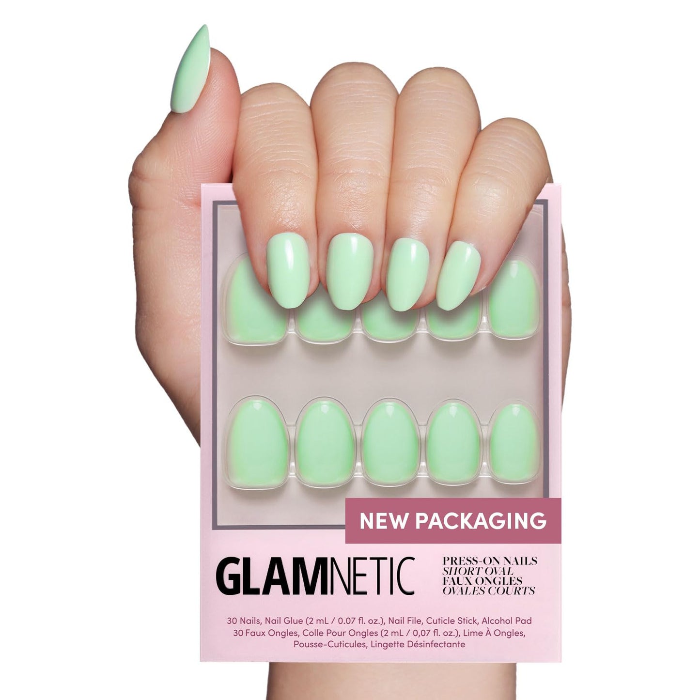 Glamnetic Press On Nails - Mint Green | Solid Opaque Pastel Green Short Oval Fake Nails, Salon Quality | 15 Sizes - 30 Nail Kit with Glue