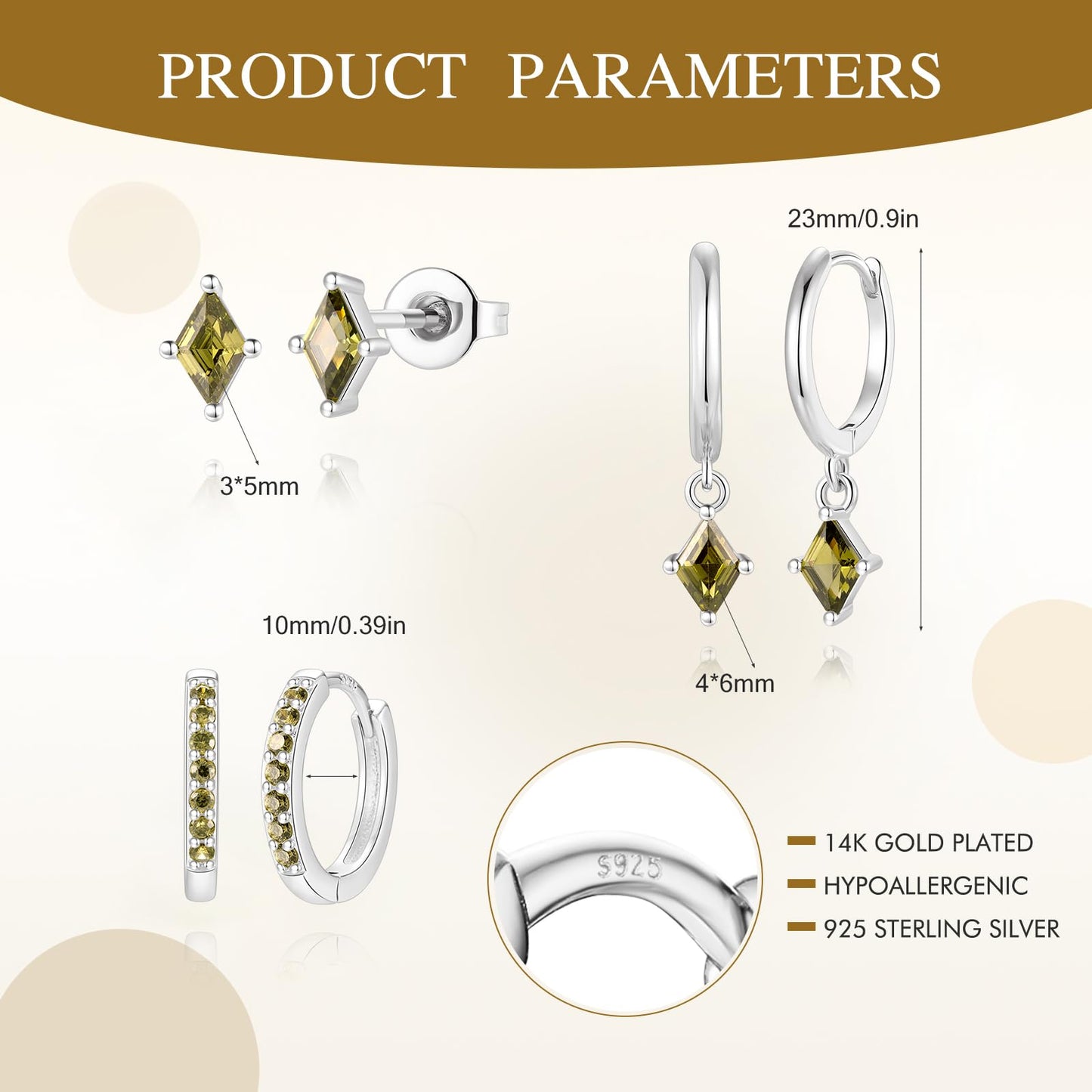 Sterling Silver Hoop Earrings Set for Women, Dainty Emerald Green Earrings Dangle, Small Hypoallergenic Huggie Silver Earring Stacks for Multiple Piercing, Olive Green Earring for Women Trendy