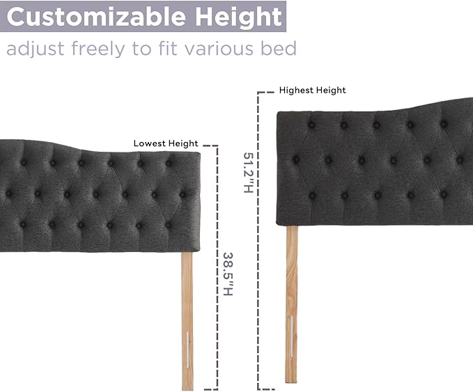 Upholstered Queen Headboard, Button Diamond Tufted Headboard with Adjustable Height and Solid Wood Leg, Velvet Padded Headboards for Queen Size Bed, Modern Head Board, Dark Grey